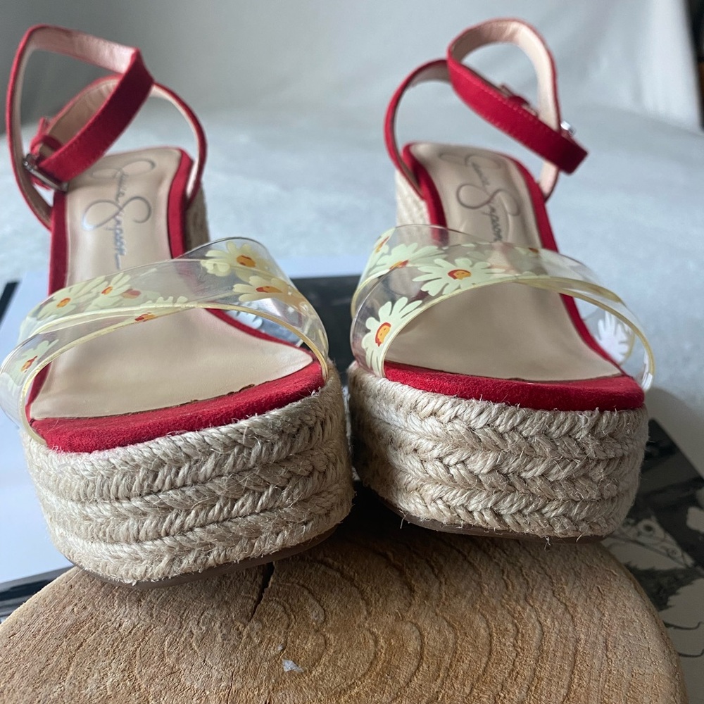Jessica Simpson Semie Floral Jelly Strap Espadrille Wedge Sandal Womens 7.5 Red - Picture 6 of 13